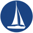 A white silhouette of a sailboat centered inside a solid blue circle.
