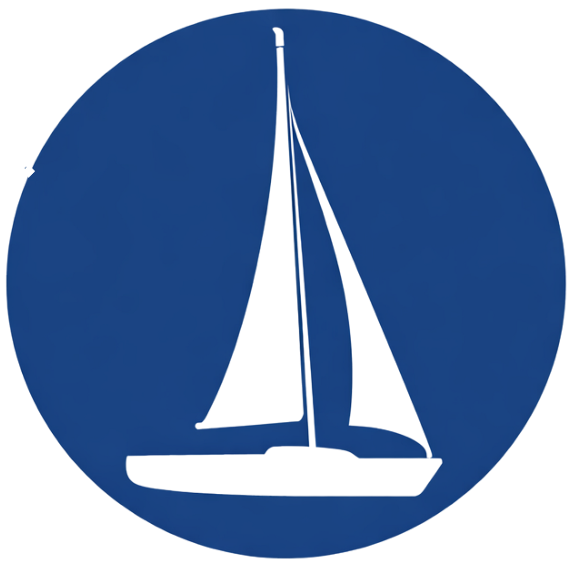 A white silhouette of a sailboat centered inside a solid blue circle.