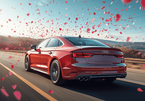 Red Audi sedan driving on a highway with heart confetti floating in the air.