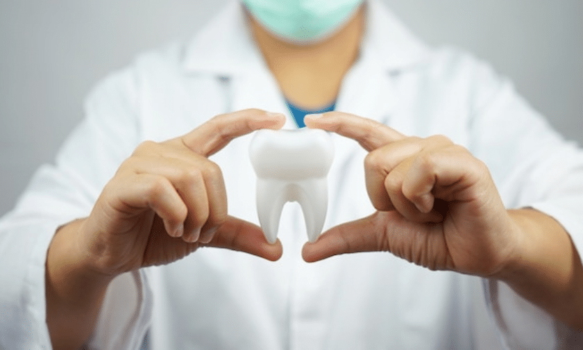 A dentist wearing a mask is holding a tooth in his hands.