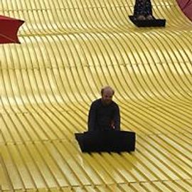 Man seated with laptop on a golden, undulating surface.
