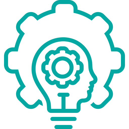 Teal illustration: a head with a gear inside, over a lightbulb, and a gear in the background.