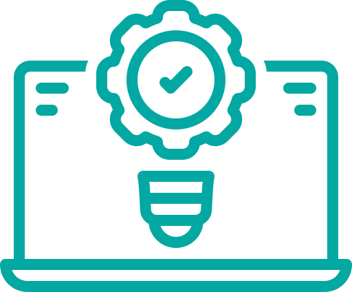 Teal laptop with gear and checkmark icon above a lightbulb.