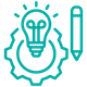 Teal icon: Lightbulb radiating light, inside gear, with a pencil next to it.