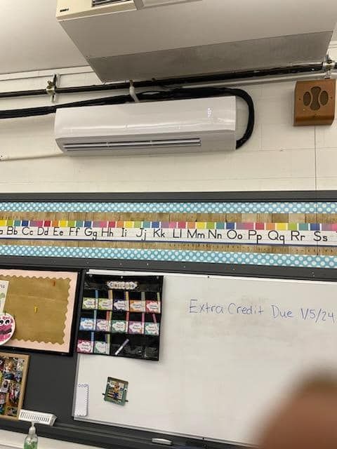 A classroom with a bulletin board with the alphabet on it