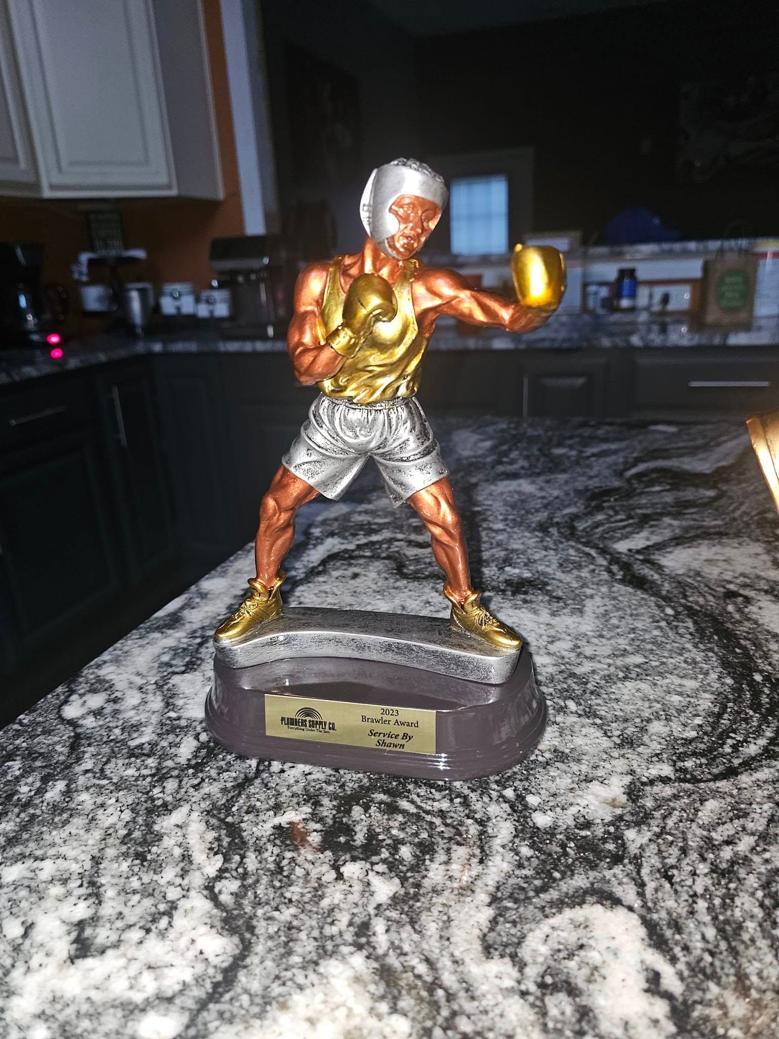 A statue of a boxer is sitting on a counter.