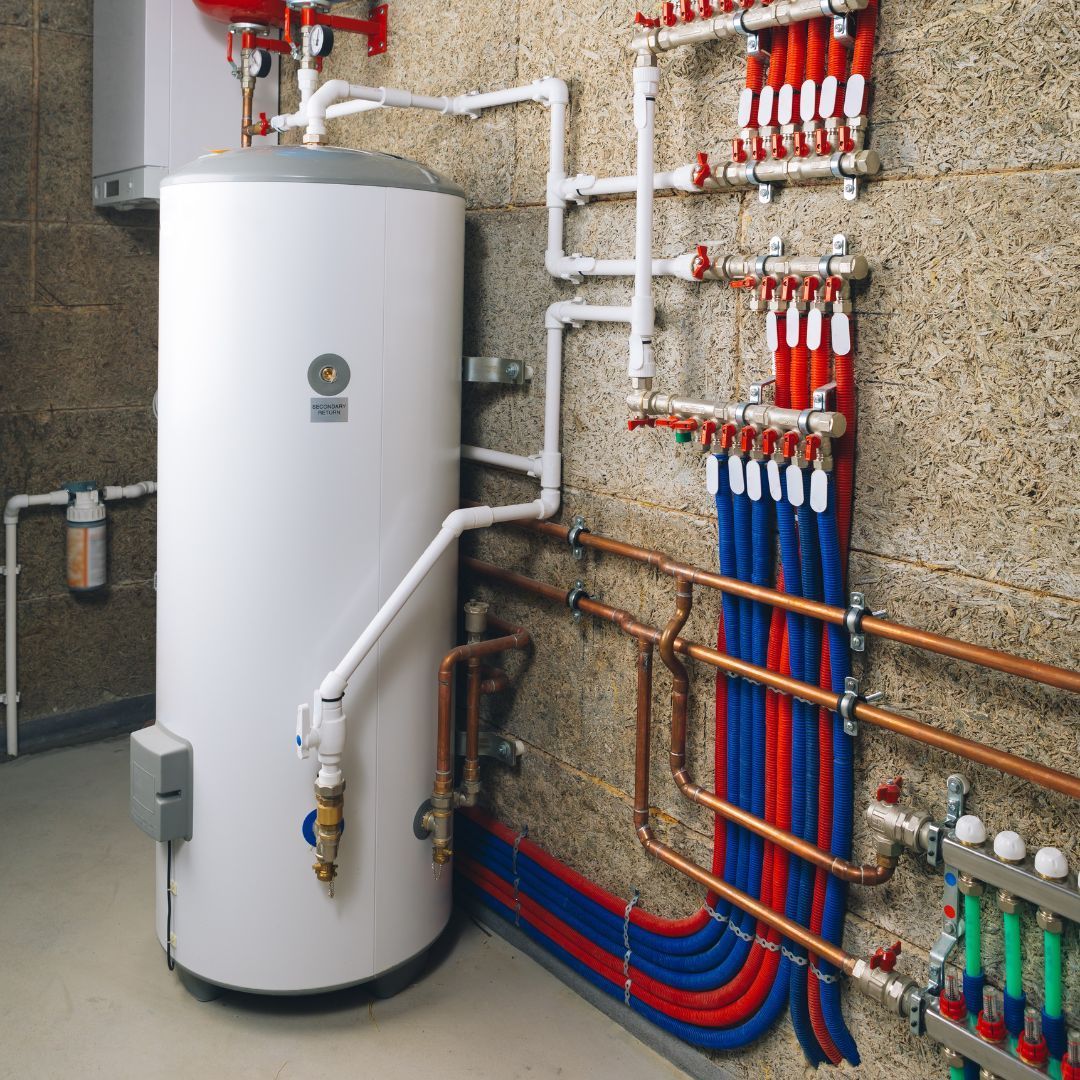 A white water heater is surrounded by red and blue pipes
