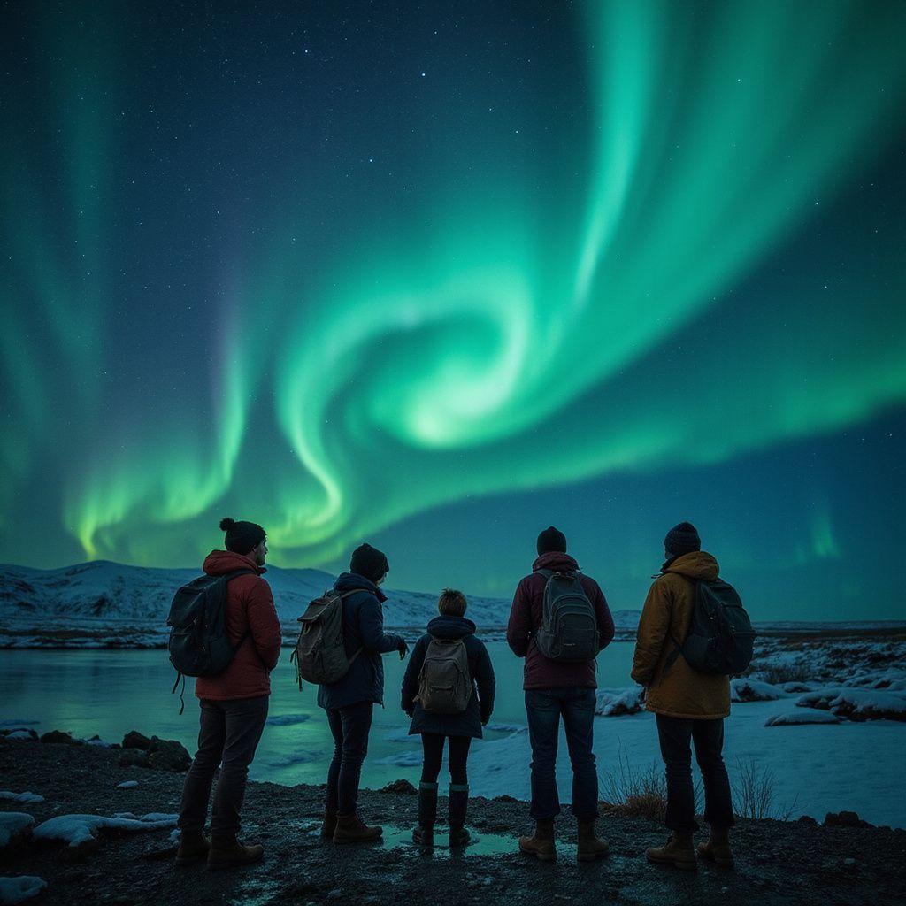 Five people watching the green aurora borealis dance across a starry night sky above a snowy landscape.