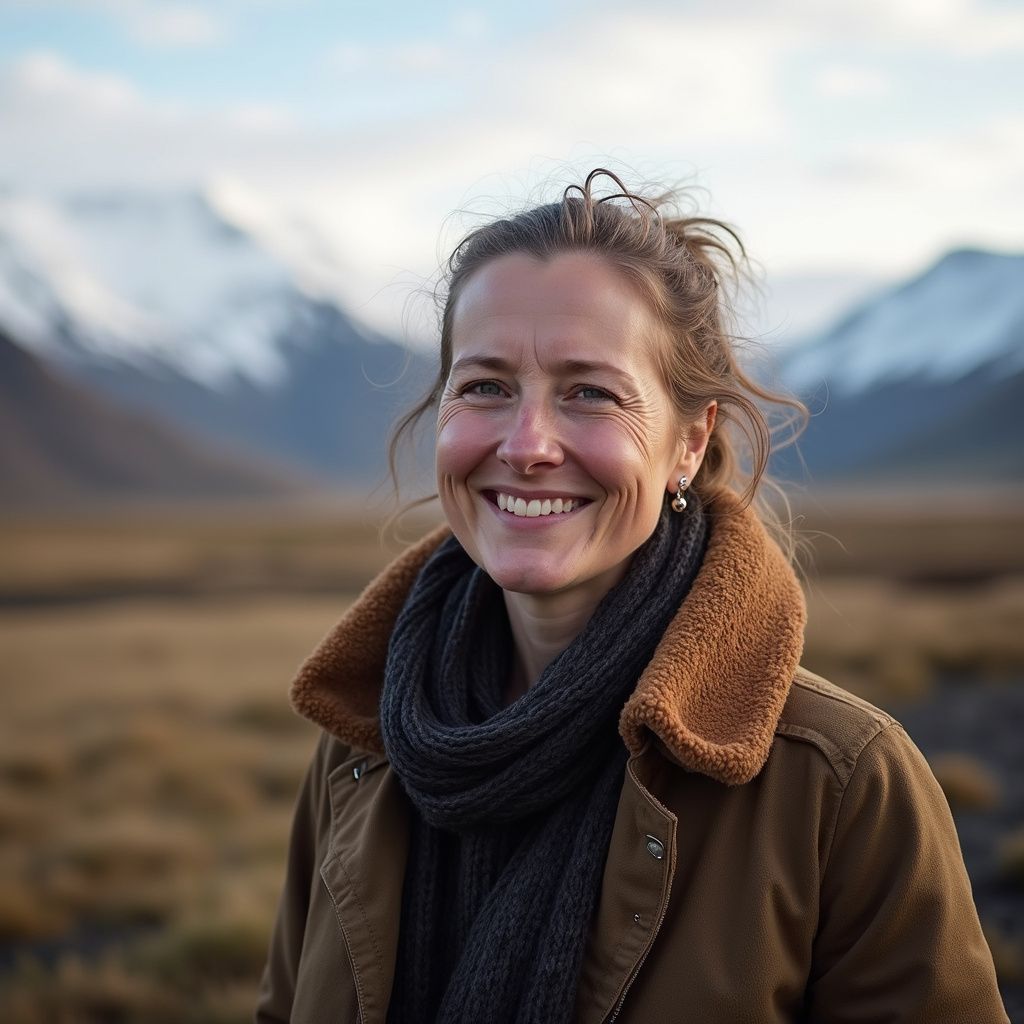 Woman smiles in brown jacket, gray scarf, with snow-capped mountains behind her.