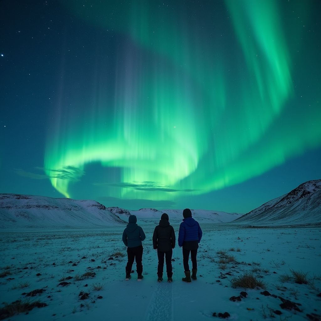Three people gazing at the vibrant green Northern Lights dancing over a snowy landscape.