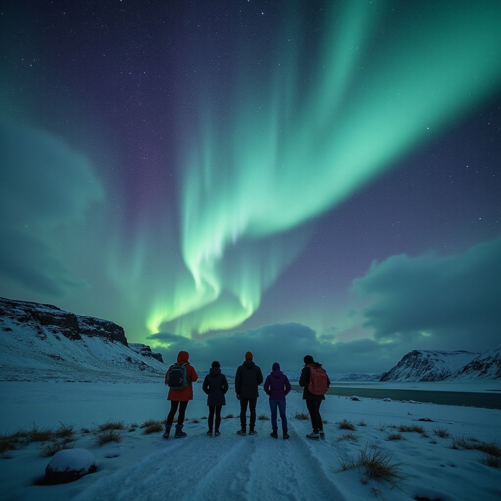 People watching the aurora borealis, green and purple lights in the sky. Snow covers the ground, mountains in the background.