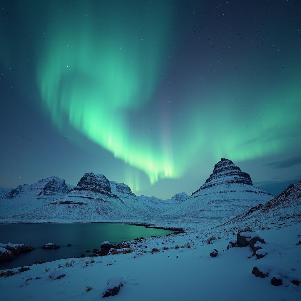Northern lights illuminate snowy mountains and lake.