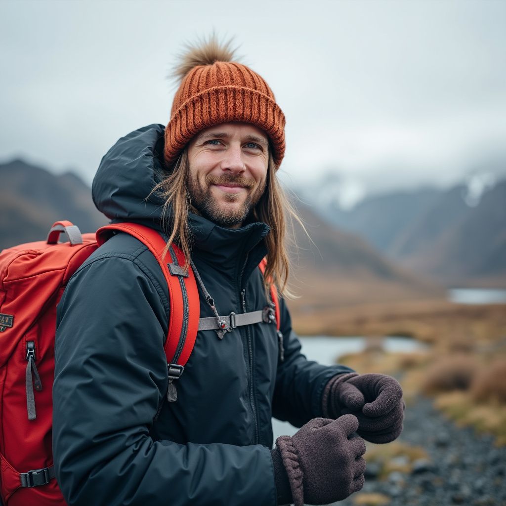 Man in orange hat and backpack, smiling outdoors, mountains in background.
