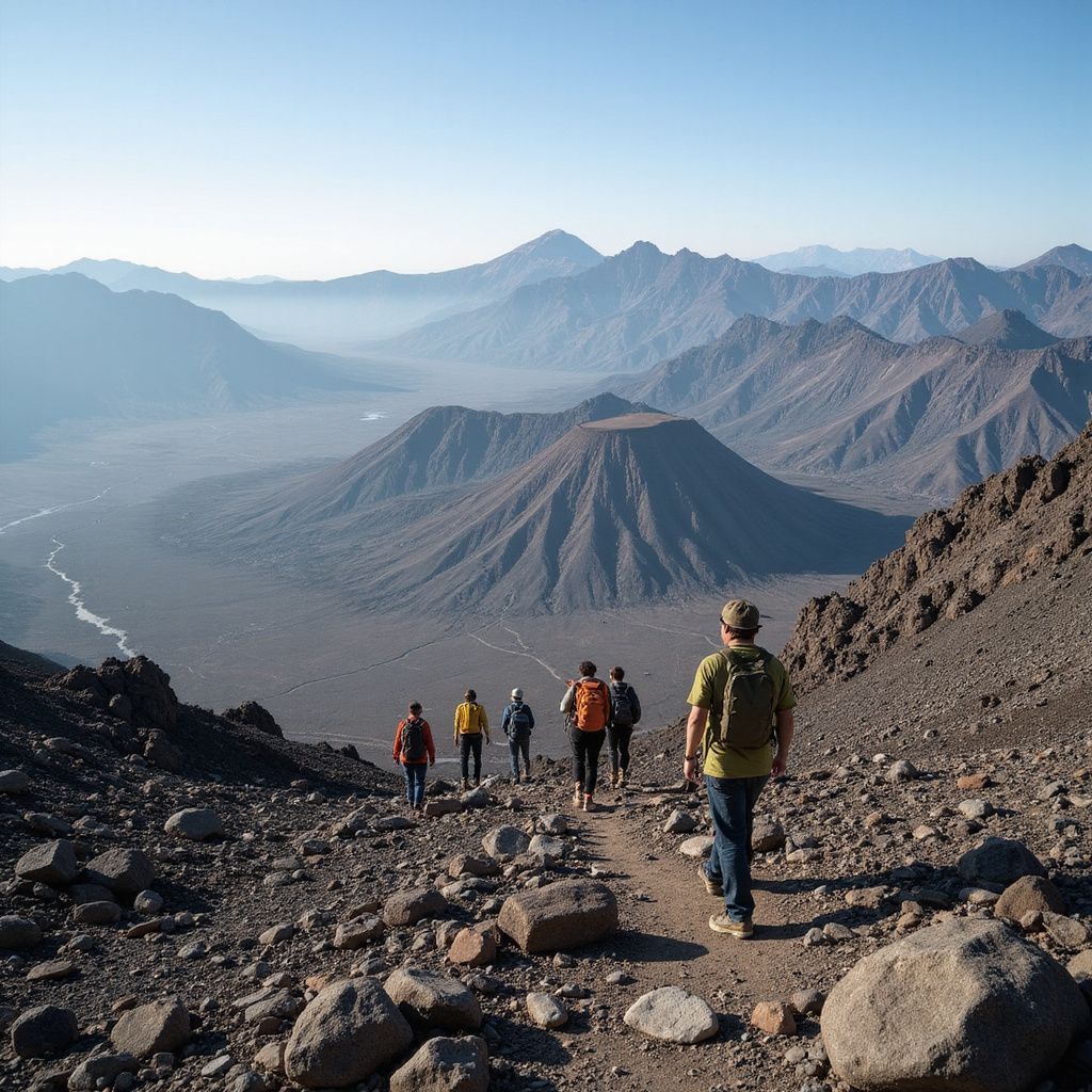Hikers on a rocky path overlook a vast valley with a volcano. Mountains and a river in the background.
