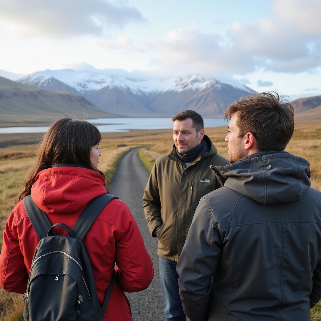 Three people on a gravel road, looking at a mountain range. One wears a red jacket, one a green jacket, and the last, a grey jacket.