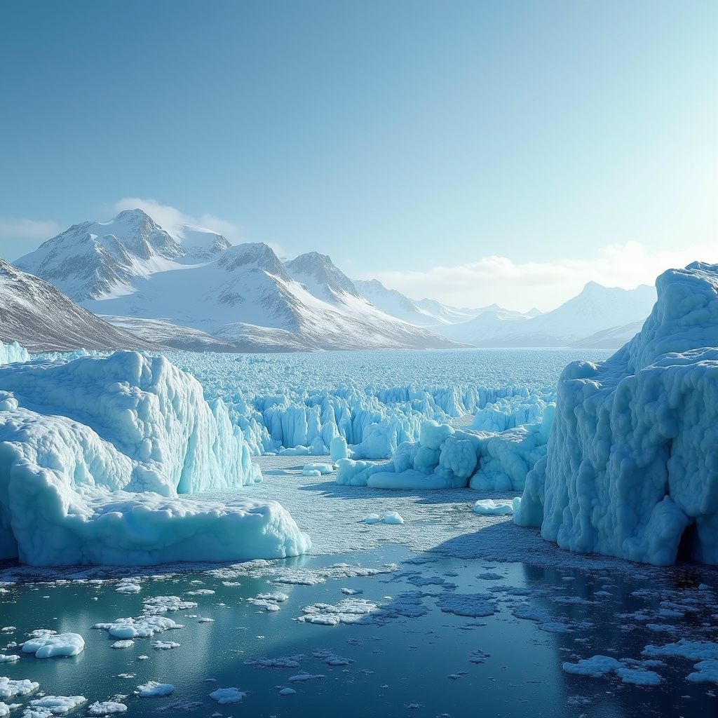 A glacial landscape: icebergs and frozen water in a vast expanse with mountains under a bright blue sky.
