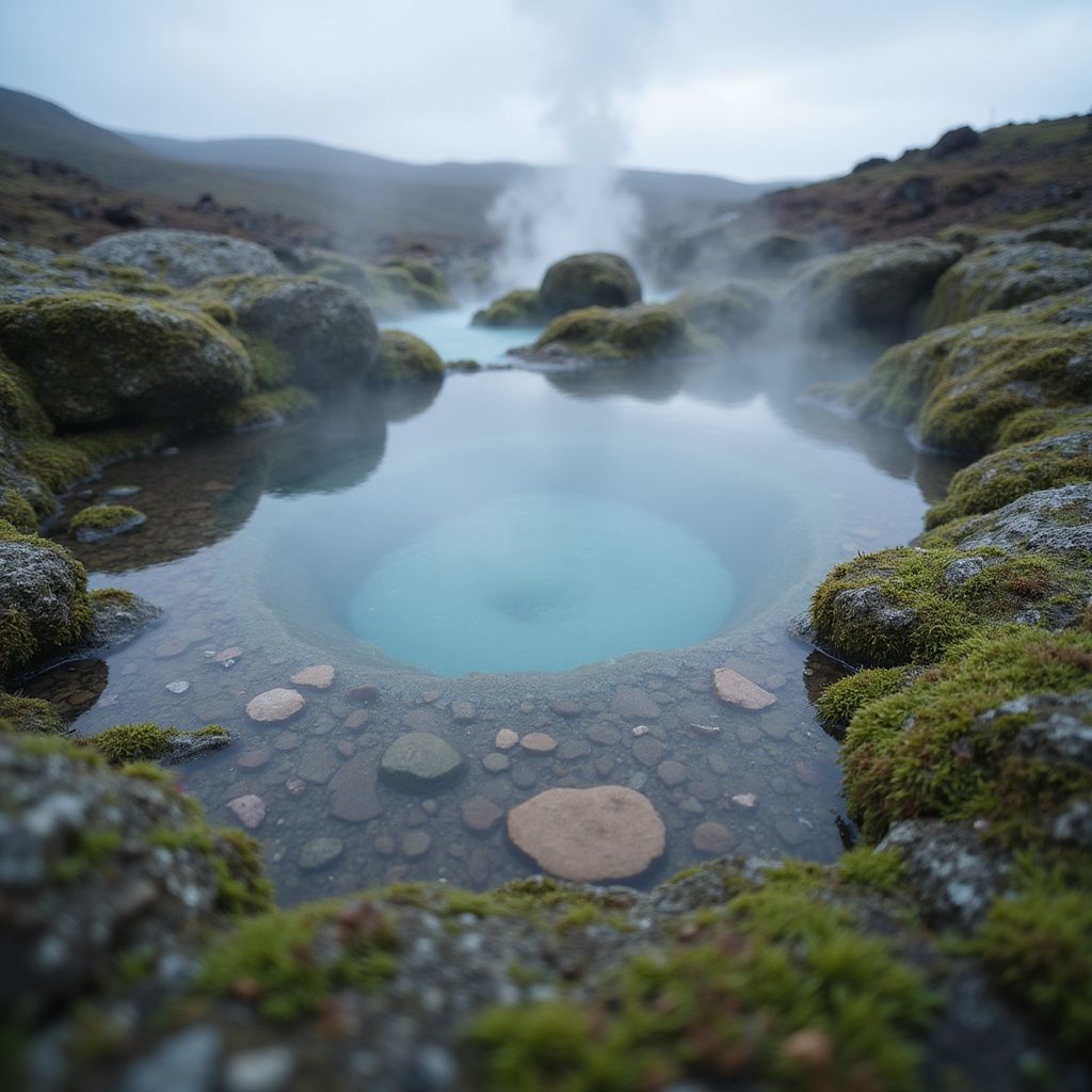 Blue hot spring surrounded by moss-covered rocks, steam rising in overcast Iceland.