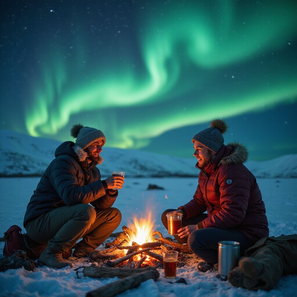 Two people by a campfire, drinking tea, with the aurora borealis overhead in a snowy landscape.