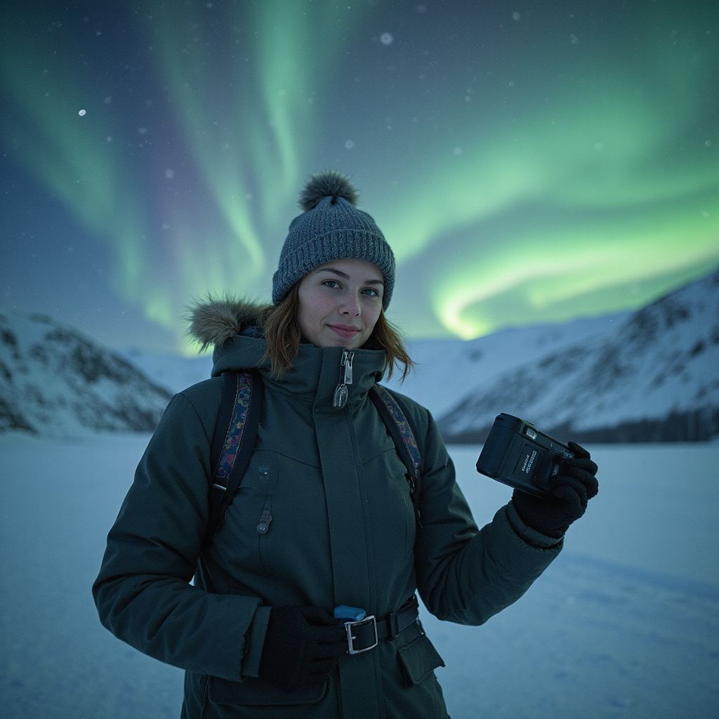 Woman bundled in winter clothing holding a camera, aurora borealis in the background, snowy landscape.