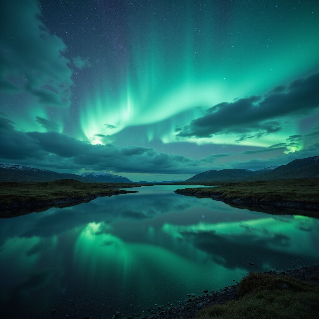 Aurora borealis (northern lights) above a still lake, reflecting green and blue light. Mountains on the horizon.