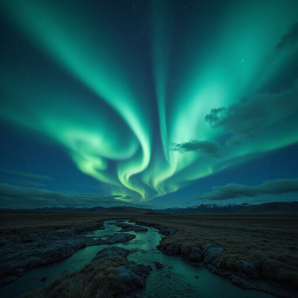 Green aurora borealis swirls over a dark, barren landscape with a stream. Night sky.