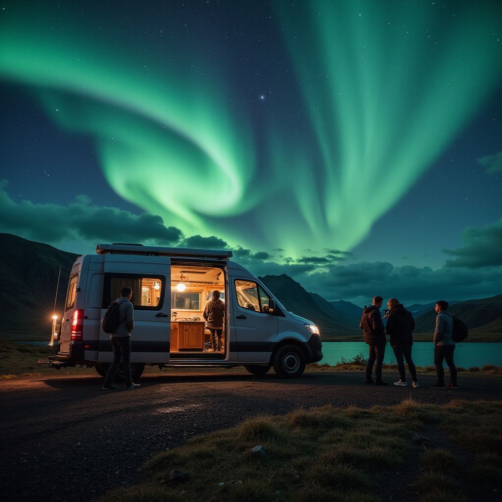 Aurora borealis over a camper van with people watching near a lake.