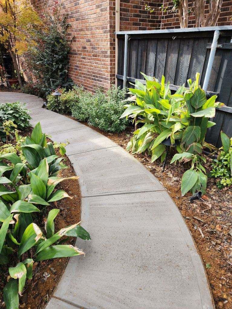 Curved concrete path through a garden with lush green plants and a brick wall.