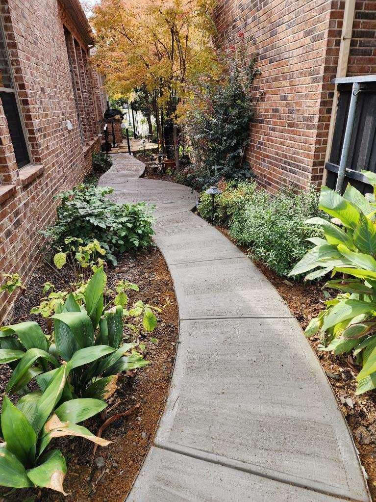 Concrete pathway between brick buildings, lined with plants and trees.