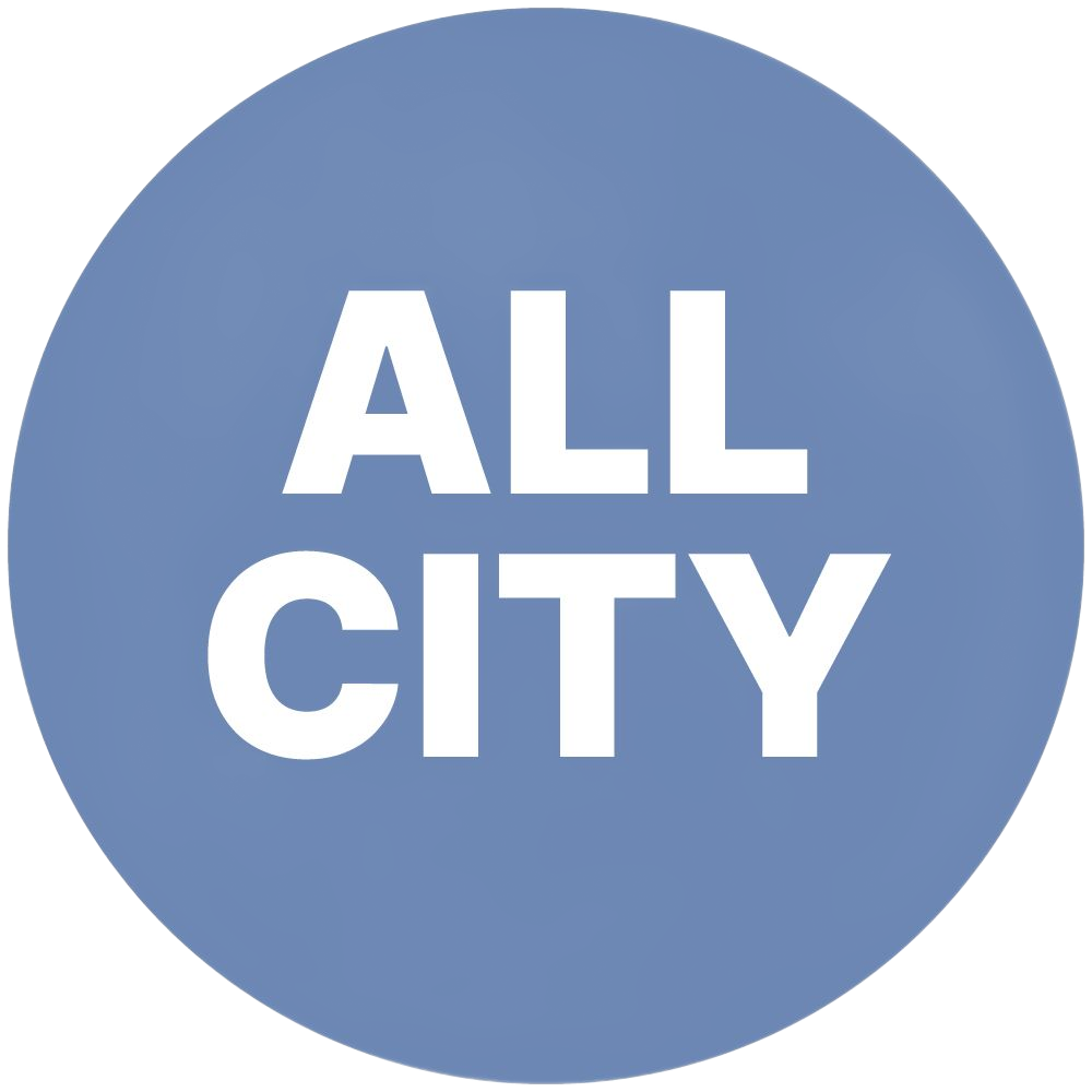 Blue circle with white text: ALL CITY.