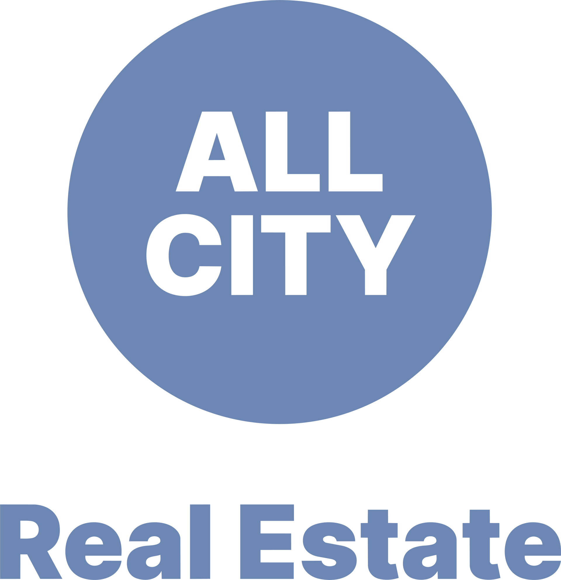 Logo for All City Real Estate: white text on a blue circle, below, the words