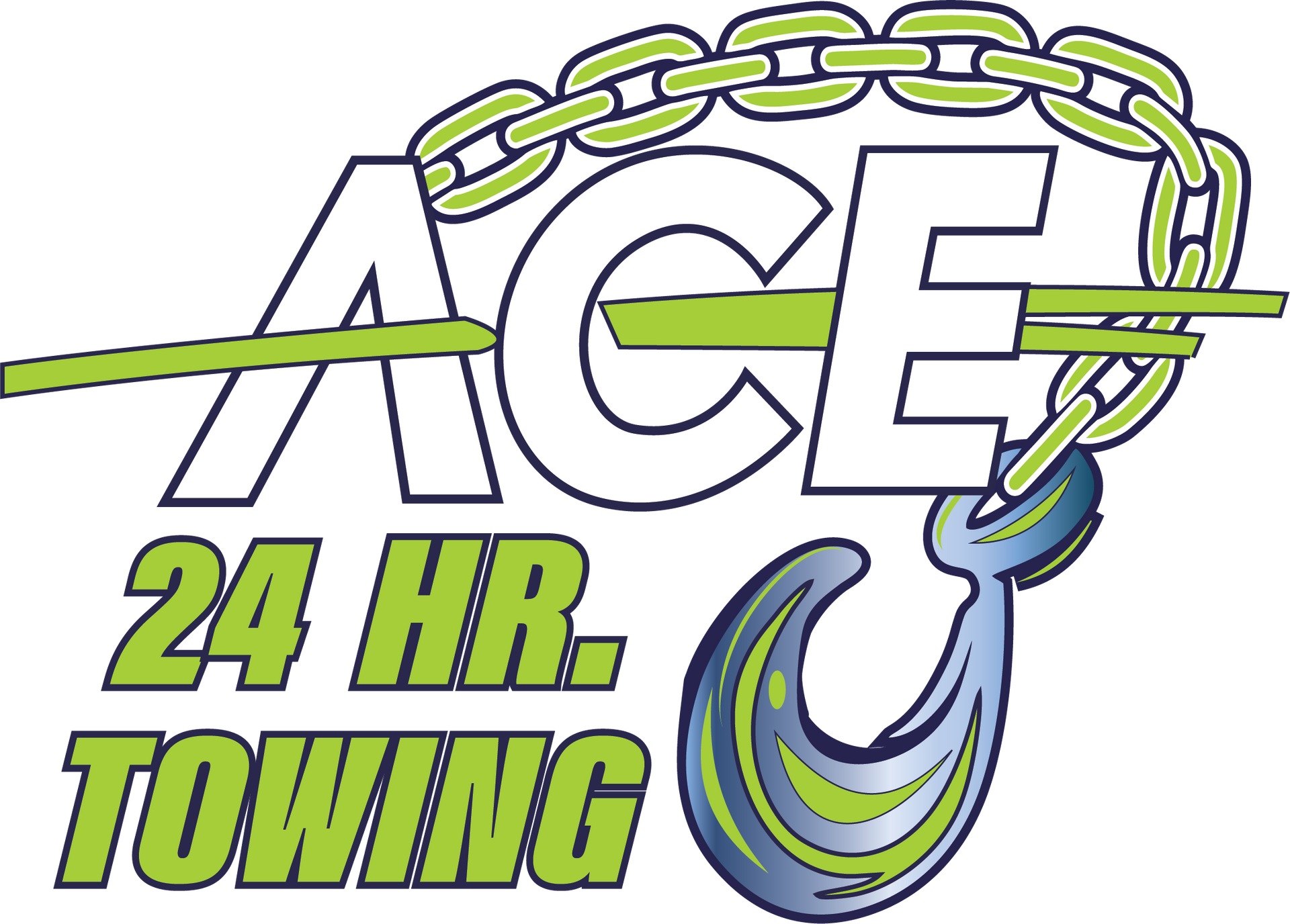 Ace 24-hour towing logo with chain and hook, with the words "Ace" and "Towing" in green.