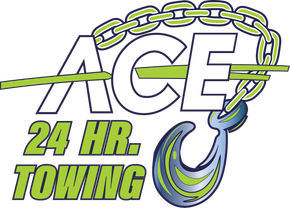 Ace 24-hour towing logo with chain and hook, with the words "Ace" and "Towing" in green.