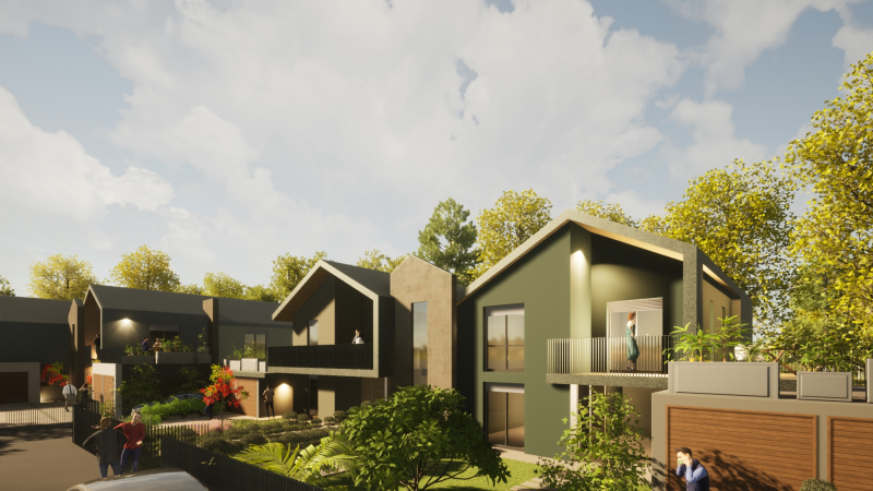 Rappresentazione artistica di una fila di case in una zona residenziale.