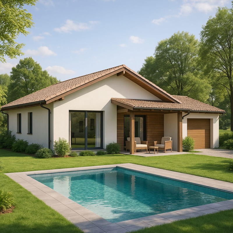 Una casa bianca con una grande piscina di fronte