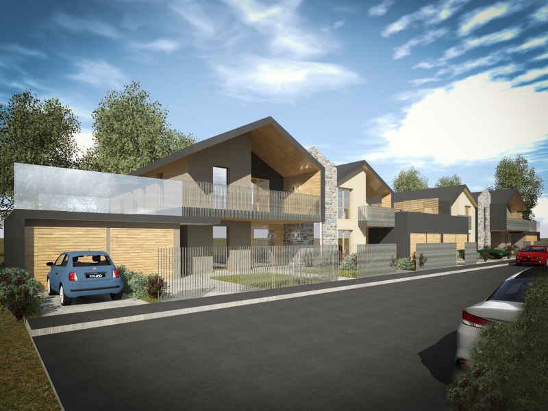 Rappresentazione artistica di una fila di case con auto parcheggiate davanti