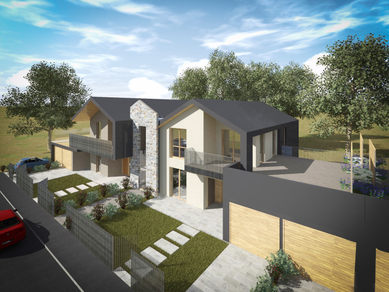 Impressione artistica di una casa con un'auto rossa parcheggiata di fronte