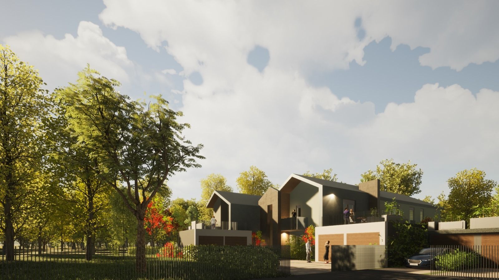 Rappresentazione artistica di una zona residenziale con case e alberi