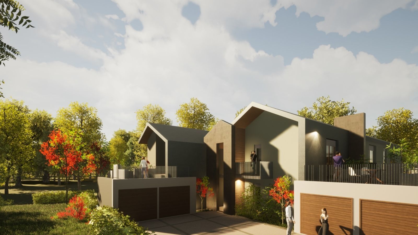 Rappresentazione artistica di una casa con molti alberi sullo sfondo.