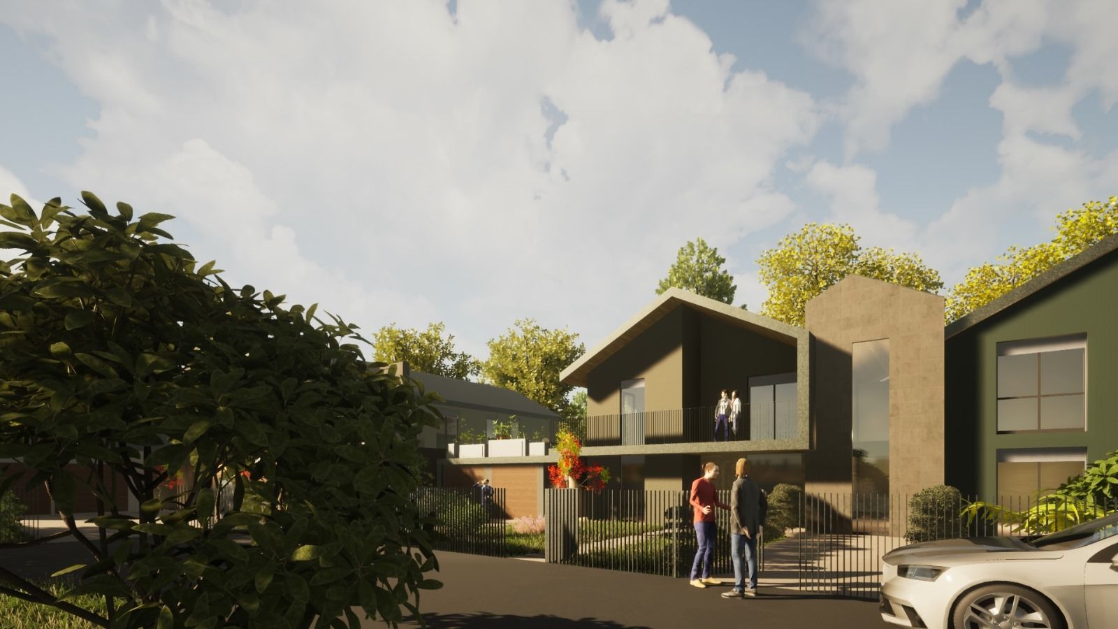 Rappresentazione artistica di una casa con un'auto parcheggiata davanti.