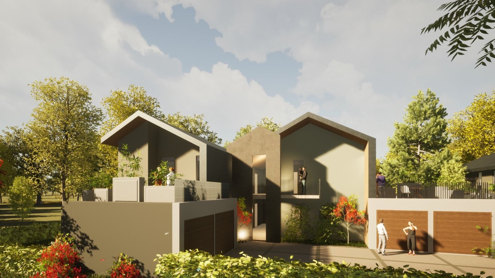 Rappresentazione artistica di una casa con una coppia in piedi di fronte.