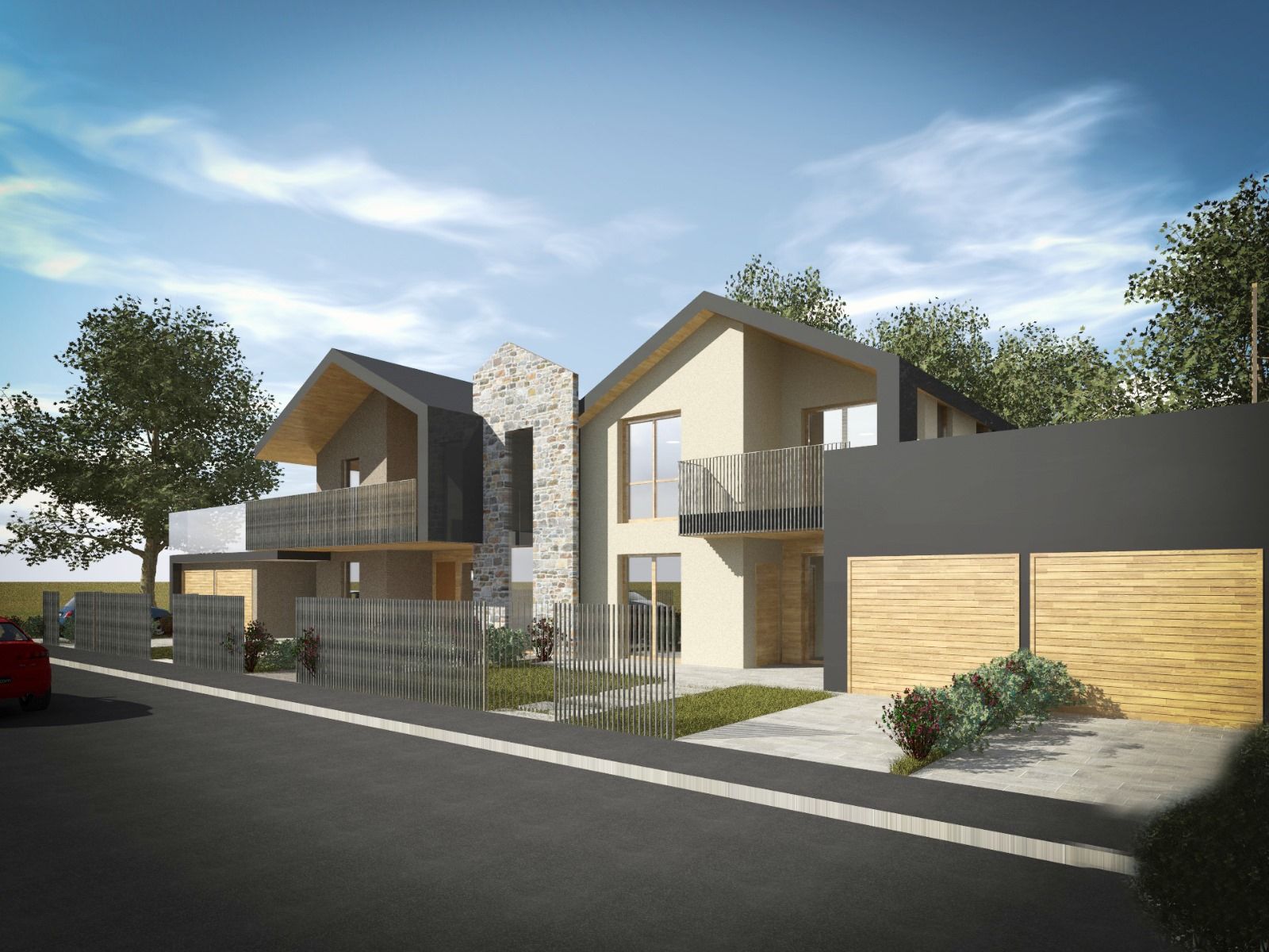 Un'auto rossa è parcheggiata davanti a una fila di case