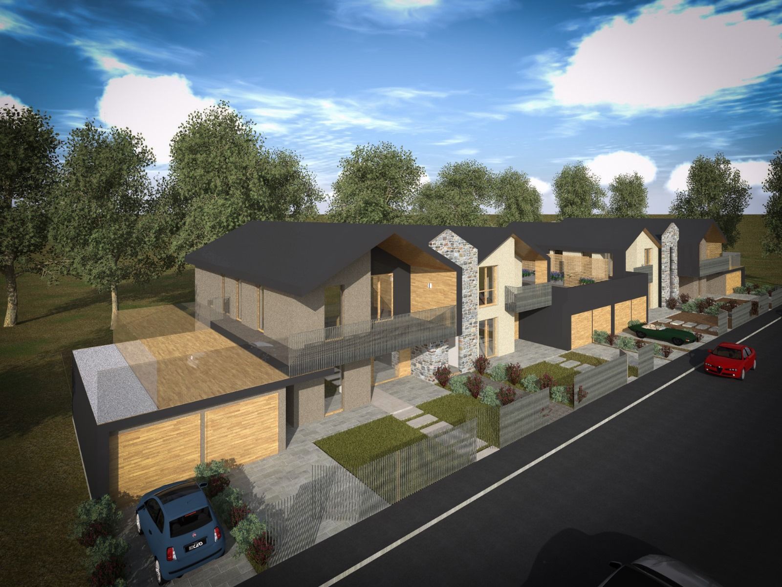 Una vista aerea di una casa con un'auto parcheggiata di fronte