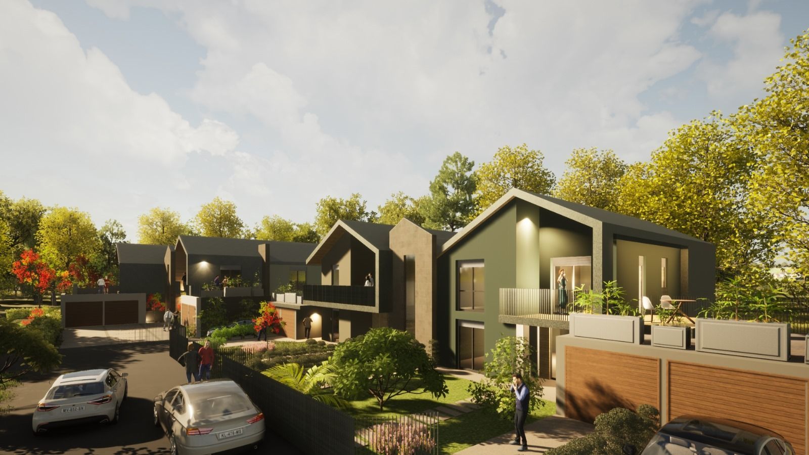 Rappresentazione artistica di una fila di case con auto parcheggiate davanti.