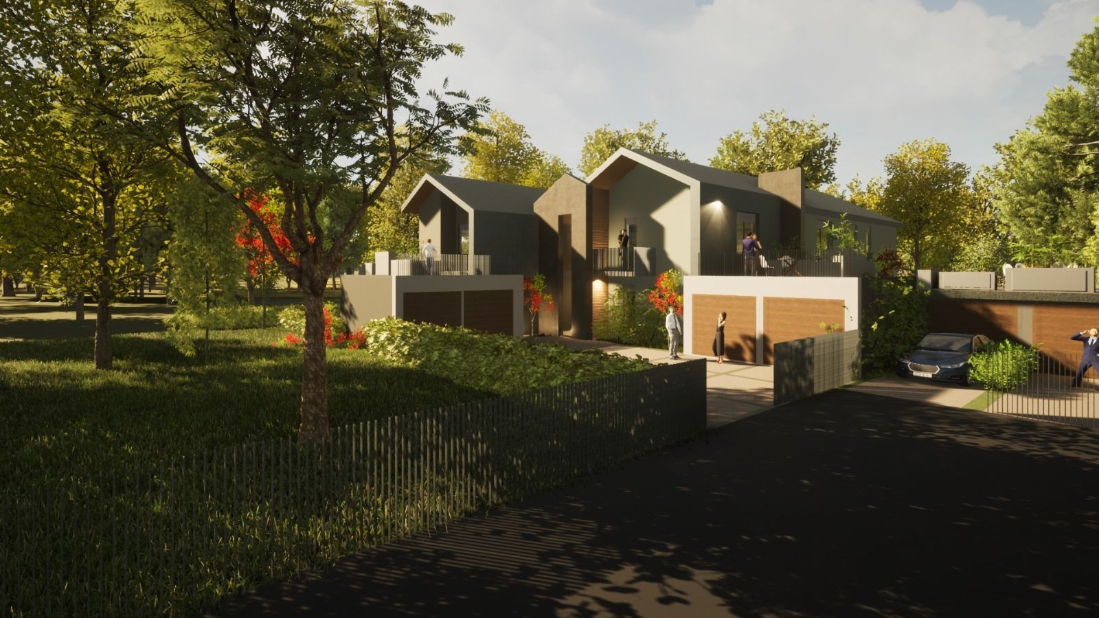 Rappresentazione artistica di una casa in una zona residenziale circondata da alberi.