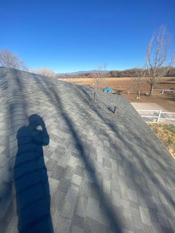 Shadow of person on dark roof, blue sky, field in background.