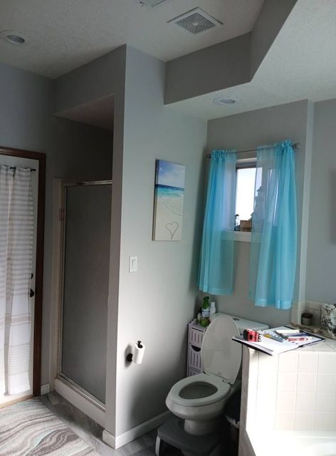 Bathroom with gray walls, shower, toilet, blue curtains, and artwork.