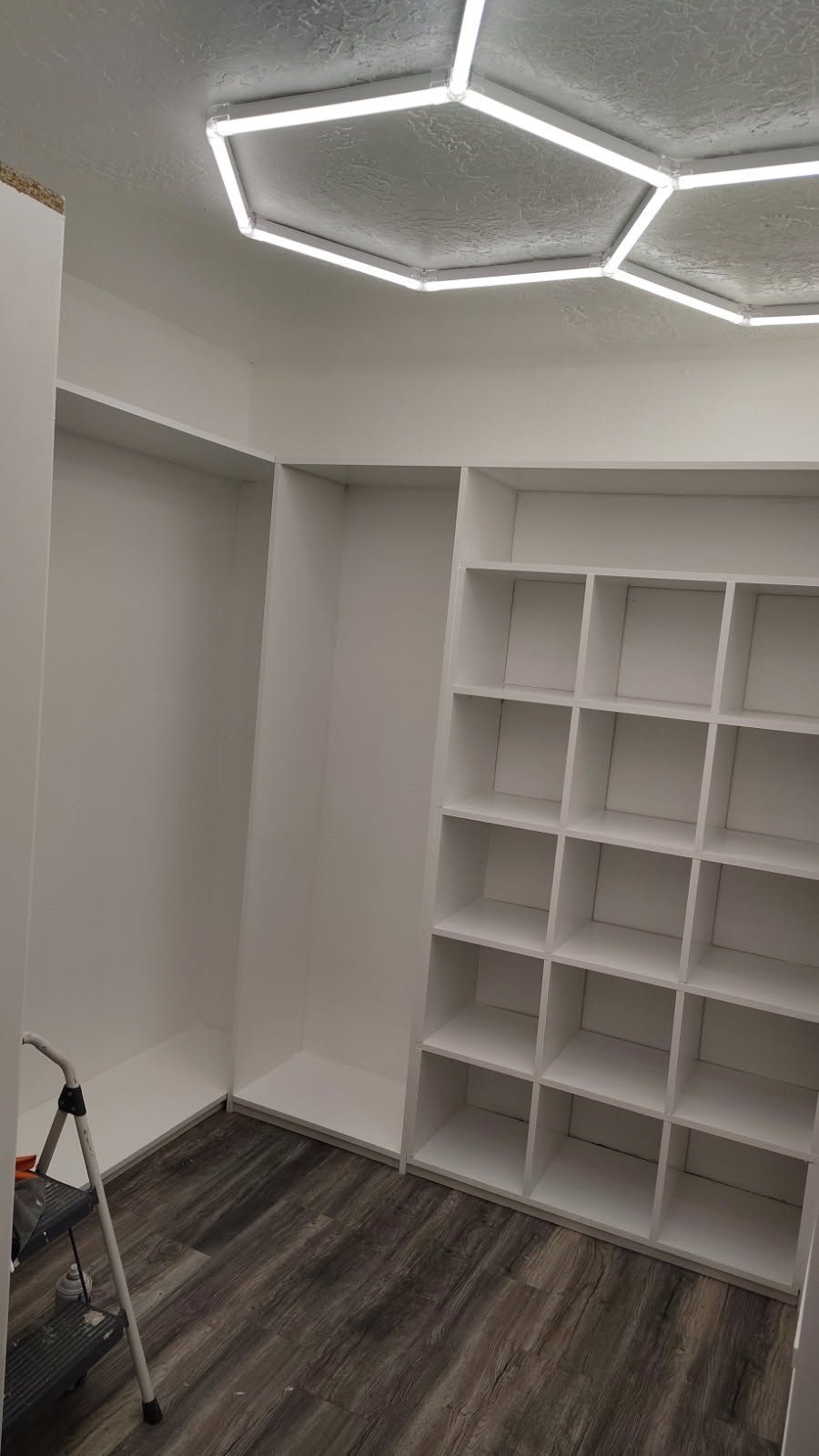 Empty white closet with built-in shelves and hexagonal ceiling lights; dark wood-look floor.