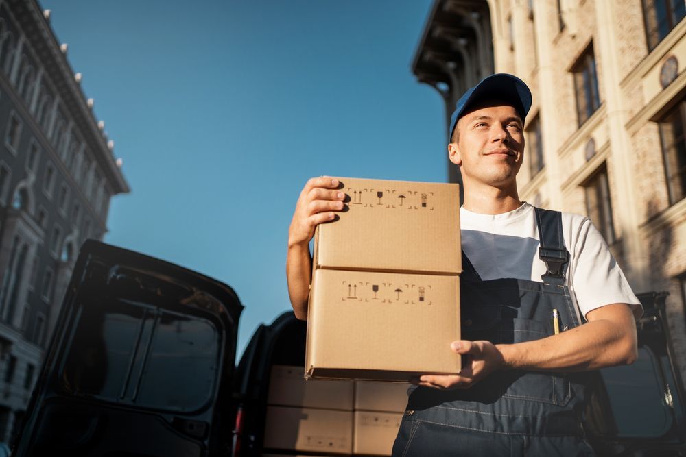 Delivery Person Holding Cardboard Boxes, Standing Near a Van in a City Street — J & V Express Couriers In Sarina, QLD