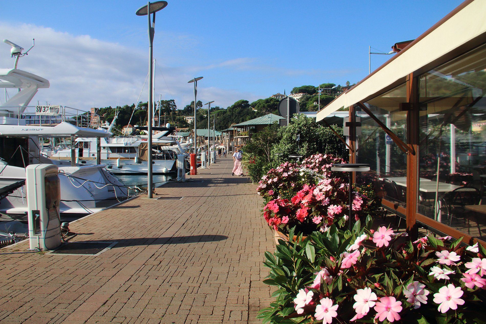 Una passerella in mattoni con fiori e barche sullo sfondo