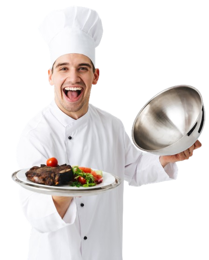 A chef is holding a bowl and a plate of food